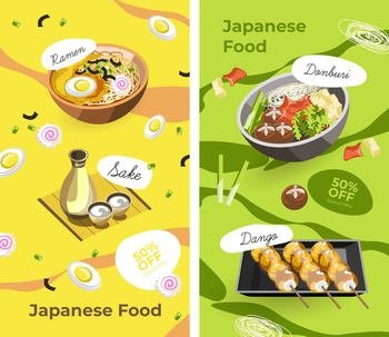 Discounts and sales, promotion banner of japanese food, asian cuisine, oriental meals and dishes. Ramen and soup, donburi and sake alcohol traditionally served drink in bar. Vector in flat style. Japanese food menu, promotional banner discounts