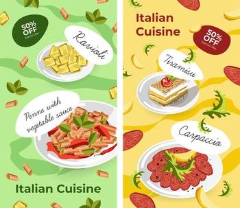 Mediterranean cuisine, Italian food menu or promotional poster with sales and discounts. Tiramisu and pasta penne, ravioli and carpaccio. Sweets and vegetables ingredients. Vector in flat style. Italian cuisine, dishes and desserts poster sale