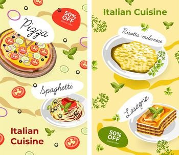 Promotional banner and posters with sales and discounts. Italian cuisine in restaurant or bar, pizza and spaghetti, risotto milanese, lasagna and cheese ingredients on food. Vector in flat style. Italian cuisine, menu and promotions with sales