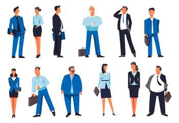 Business people, entrepreneurs and workers wearing formal clothes and suits. Men and women with briefcase and bags, employers and employees, executives and owners fashion look. Vector in flat style. People wearing formal clothes and suits vector