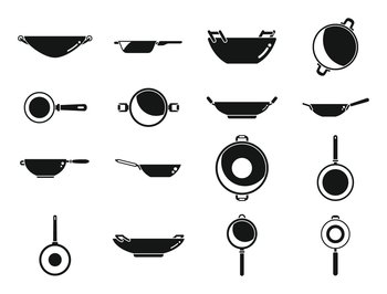 Wok frying pan icons set simple vector. Meat tools. Kitchen cooking. Wok frying pan icons set simple vector. Meat tools