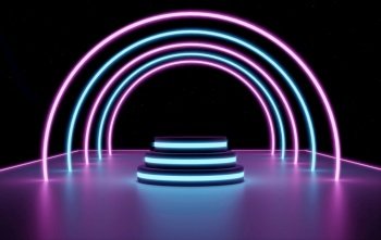 3d render, glowing podiums on an abstract cosmic neon background glowing laser arcs on platform