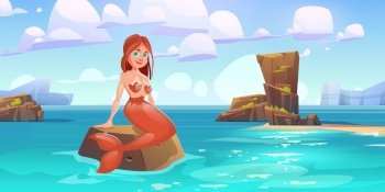 Cute mermaid sitting on rock in sea. Cartoon character beautiful girl with red hair and fish tail at ocean rocky landscape with calm water under cloudy sky. Fairy tale, mythology, Vector illustration. Cute mermaid sitting on rock in sea, character