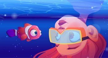 Girl scuba diver watch at clown fish underwater in sea. Vector cartoon illustration of tropical ocean with funny clownfish and young woman in mask dives head down in water. Girl scuba diver watch at clown fish in sea