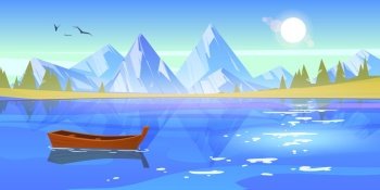 Wooden boat on lake, pond or river with mountains and spruce trees around. Lonely wood skiff at beautiful landscape with birds flying in blue sunny sky above water surface, Cartoon vector illustration. Wooden boat on lake, pond or river with mountains