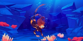 Young woman scuba diver explore sea bottom with seaweeds and corals. Girl in mask and costume explore underwater tropical reef, ocean world, female character snorkeling, Cartoon vector illustration. Young woman scuba diver explore sea bottom corals