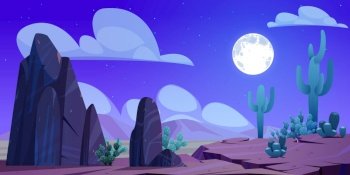 Night desert landscape, Mexican natural background with cacti, rocks and dry deserted land under starry sky with full moon glow. Twilight, picturesque nature parallax scene Cartoon vector illustration. Night desert landscape, Mexican natural background