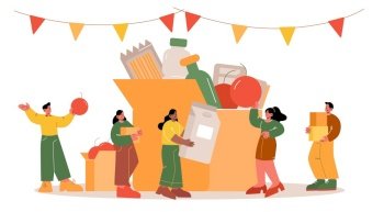 People donate food filling cardboard donation box with different products to help for poor persons in shelter. Tiny volunteers charity, hunger reduce, support, social care Line art vector illustration. People donate food filling cardboard donation box