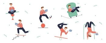Man work on laptop and keep balance in different poses. Vector flat illustration of person worker handstand on seesaw, hanging upside down and riding on skateboard. Man work on laptop and balance in different poses