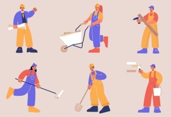 Construction workers in helmets with shovel, wheelbarrow, paint roller and drill. Vector flat illustration of builder characters, repairman, engineer, painter and carpenter. Construction worker in helmets with tools