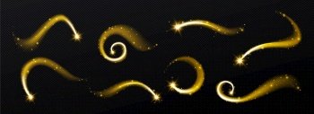 Magic spiral, twist effect with stars and sparkles. Gold swirl of wand isolated on black background. Magician spell, wizard, fairy golden light, shiny lightnings trace Realistic 3d Vector illustration. Magic spiral, twist effect with stars and sparkles