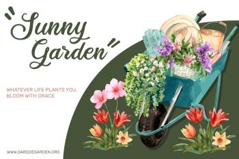 Flower garden frame design with wheelbarrow, hat, bucket, gloves watercolor illustration.
