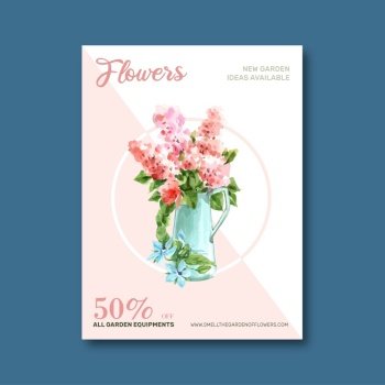 Flower garden poster design with pink nerium, rose watercolor illustration.  