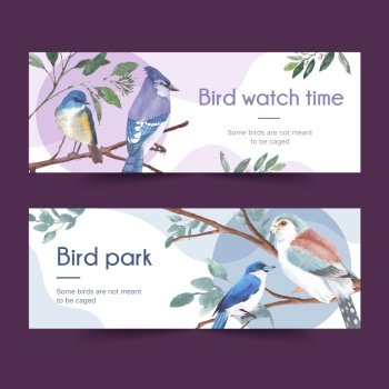 Insect and bird banner design with blue jay, bluetail, leaves watercolor illustration. 