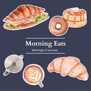 Sticker template with specialty breakfast concept,watercolor style

