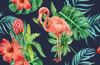 Pattern design with tropical theme, flamingo with foliage watercolor vector illustration template.