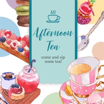 Dessert frame design with cupcake, macarons, tea cup watercolor illustration. 