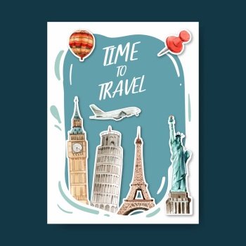 Tourism day Poster design with Europe, USA, Italy, England, France watercolor illustration    