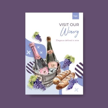 Poster template with wine farm concept design for advertise and marketing watercolor vector illustration.
