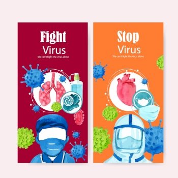 Medical flyer design with doctor, mask, lungs, creative bright watercolor illustration.