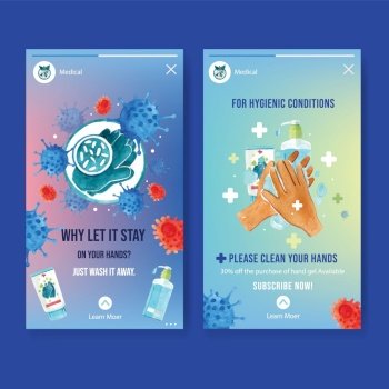 IG stories ad with watercolor painting of hands, alcohol gel illustration.