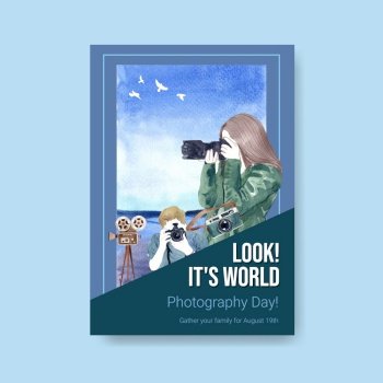 Poster template design with World photography day for brochure and leaflet watercolor illustration
