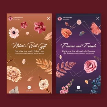 Instagram template with autumn flower concept design for social media and digital marketing watercolor  illustration.
