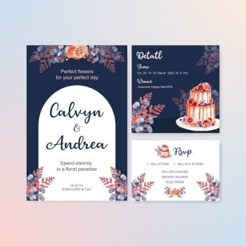 Wedding card with autumn flower concept design for  template and invitation card watercolor  illustration.
