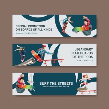 Banner template with skateboard design concept for advertise and brochure watercolor vector illustration.
