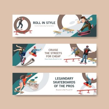 Banner template with skateboard design concept for advertise and brochure watercolor vector illustration.
