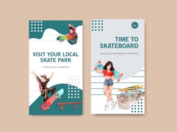 Instagram template with skateboard design concept for social media and marketing watercolor vector illustration.
