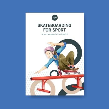 Poster template with skateboard design concept for advertise and marketing watercolor vector illustration.
