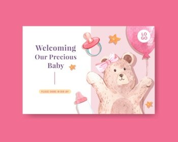 Facebook template with baby shower design concept for social media and online marketing watercolor vector illustration.

