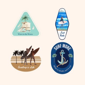 Logo with surfboards at beach design for brochure and marketing watercolor vector illustration
