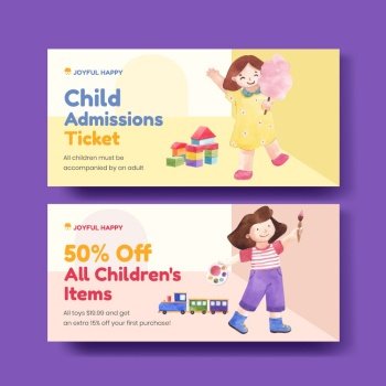 Voucher template with happy children concept,watercolor style
