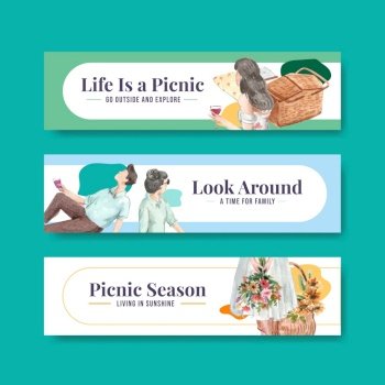 Banner template with picnic travel concept for advertise and marketing watercolor illustration
