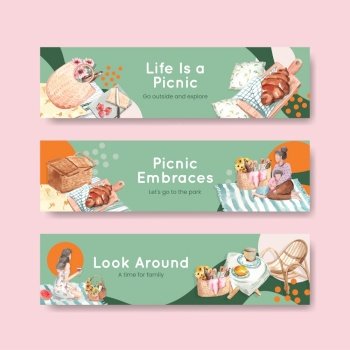 Banner template with picnic travel concept for advertise and marketing watercolor illustration
