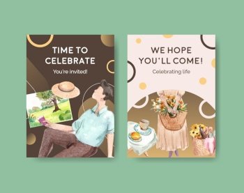 Postcard template with picnic travel concept design for greeting and invitation watercolor illustration
