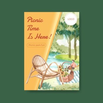 Poster template with picnic travel concept for advertise watercolor illustration
