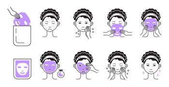 Facial mask sheet applying steps vector. Girl shows steps descriptions how to cleaning, whiting face and use cosmetic mask. Info-graphic of cosmetic procedure in outline style illustration. Facial mask sheet applying steps vector. Girl shows steps descriptions how to cleaning, whiting face and use cosmetic mask. Info-graphic of cosmetic procedure