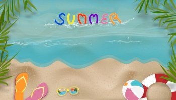Summer background with palm leaf boder, Blue ocean wave with sandals, sunglass and beach ball on sand beach, Flat lay Vector ilustration banner with vacation holiday theme concept