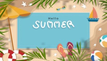 Summer background with beach vacation holiday theme with copy space on sand beach, Vector horizon banner flat lay paper cut tropical Summer design with coconut palm leaves border on the beach