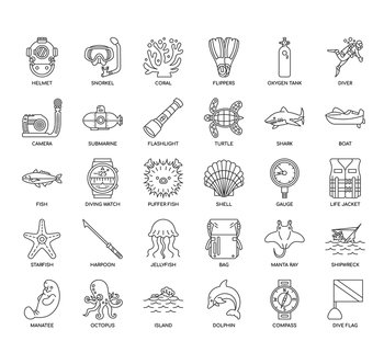 Set of Diving thin line icons for any web and app project.