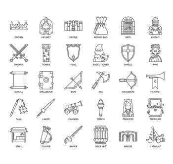 Set of Medieval thin line icons for any web and app project.