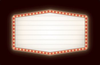 Retro lightbox with yellow light bulbs isolated on a dark background. Vintage theater signboard mockup. Red hexagonal commercial announcement banner. Marquee billboard with lamps.. Retro lightbox with light bulbs isolated on a dark background. Vintage hexagonal theater signboard.