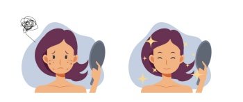 Skin care concept.woman,girl with acne.Before and after acne.Flat vector 2d cartoob character illustration.