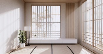 Cabinet design, white room interior modern, japanese style.3D rendering