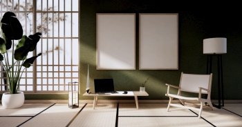 The vintage cabinet design, Green Living room with armchair japanese style.3D rendering