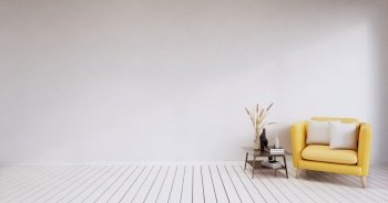Empty room - white wall on wood floor interior and decorations plants. 3D rendering