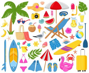 Cartoon summer elements, travel, beach, summertime accessory. Cocktails, ice cream and exotic fruits vector illustration set. Palm and serfing board. Umbrella and sunglasses. Cartoon summer elements, travel, beach, summertime accessory. Cocktails, ice cream and exotic fruits vector illustration set. Palm and serfing board